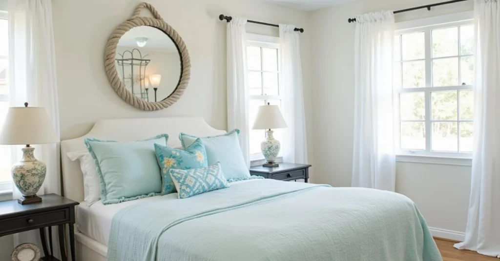 Calm bedroom with coastal wall decor and light blue bedding.