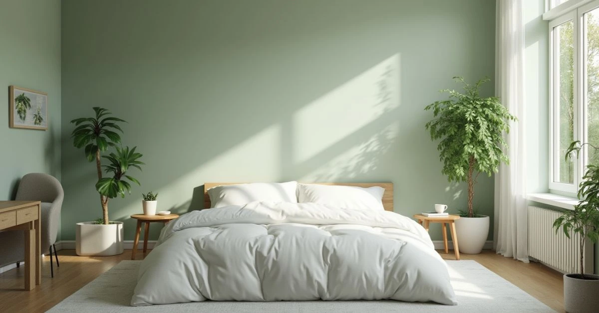 Serene bedroom showcasing sage green walls, natural lighting, and minimalist decor – a calming green bedroom idea