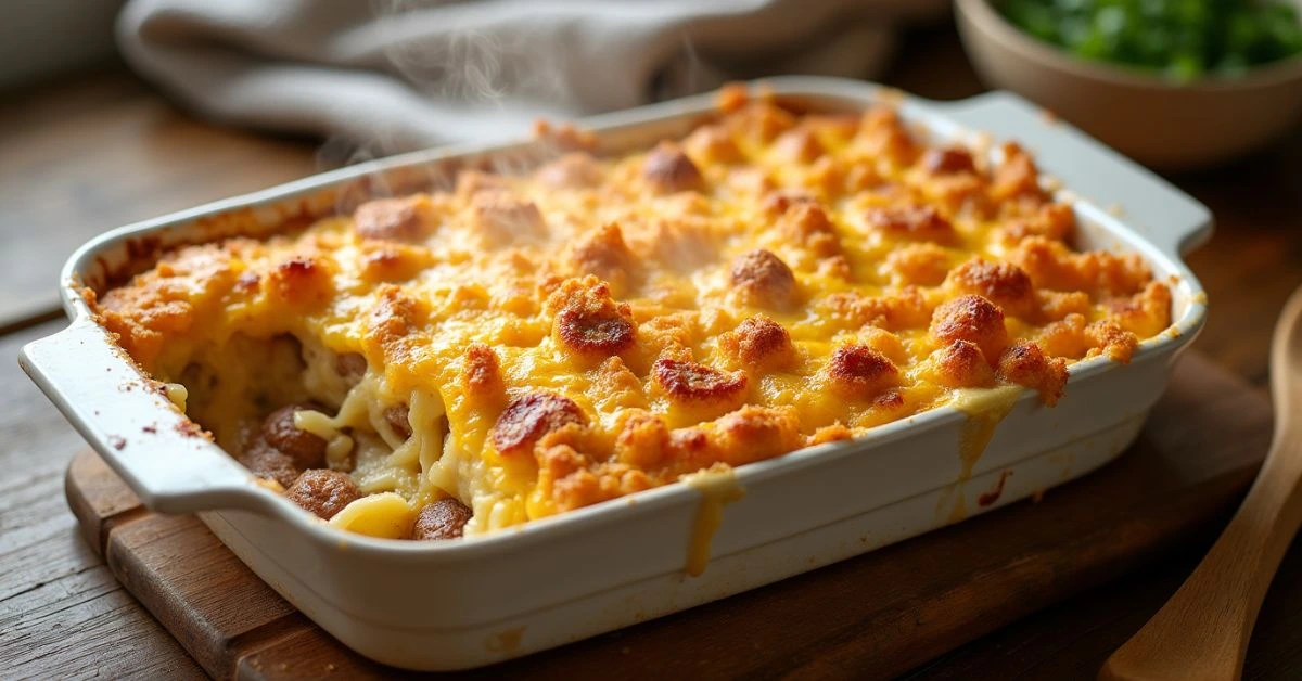 Golden-baked casserole with layers of sausage, potatoes, and cheese.