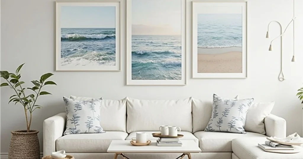  Gallery wall with ocean-themed art and beach photography