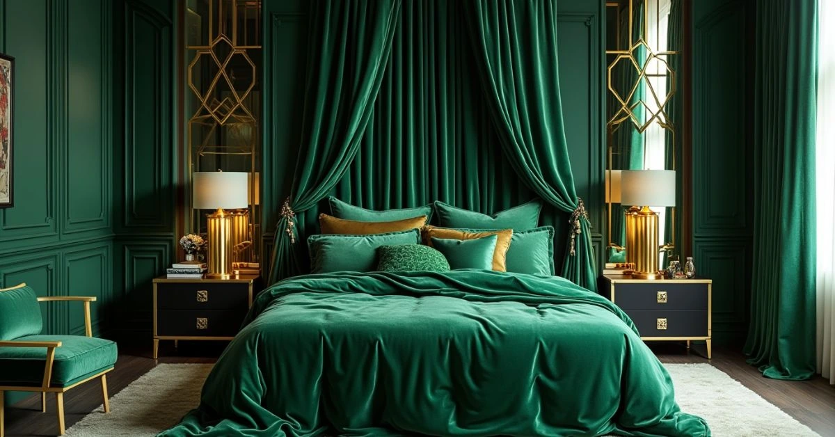 A luxurious green bedroom idea with emerald green bedding, gold accents, and matching curtains.