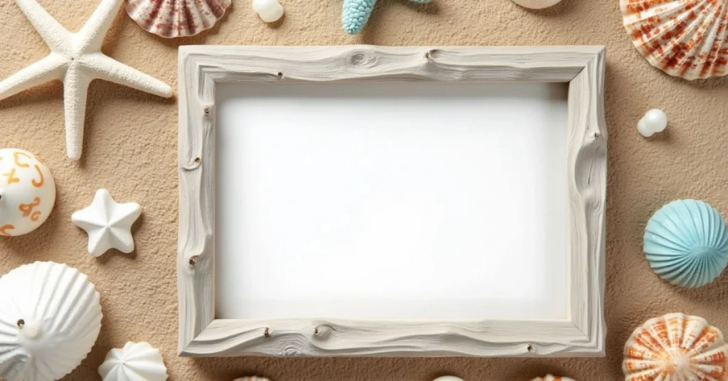 Flat-lay of coastal-themed decor items including seashells and a driftwood frame.