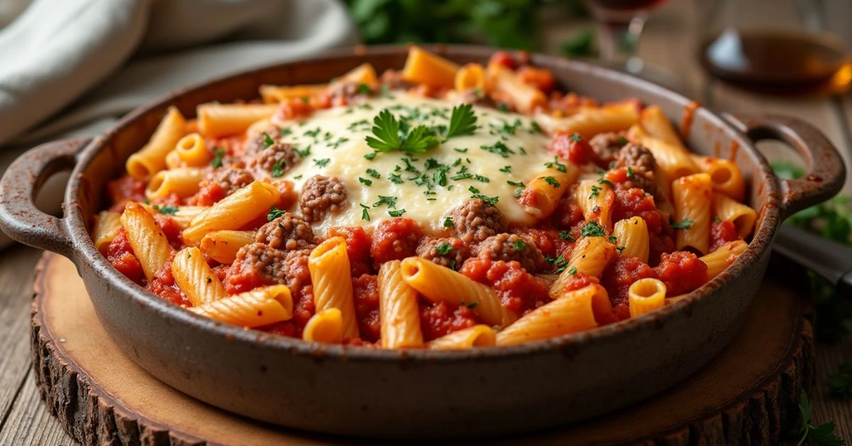 Pasta bake with Italian sausage, marinara, and melted cheese