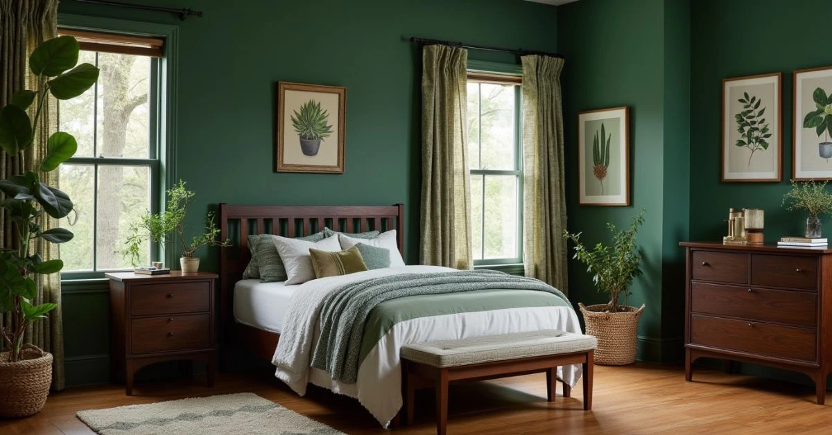 Minimalist bedroom featuring sage green walls, natural wood furniture, and white linens – a perfect green bedroom idea.