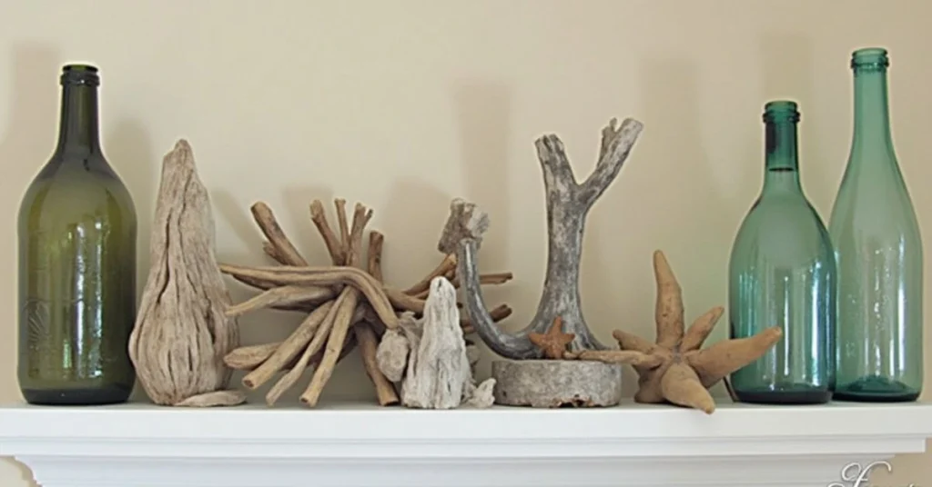 Coastal-themed decor made from recycled materials on a shelf.