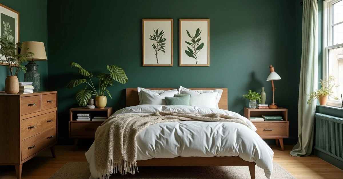 Forest green walls paired with wooden furniture and botanical decor – a cozy green bedroom idea inspired by nature.