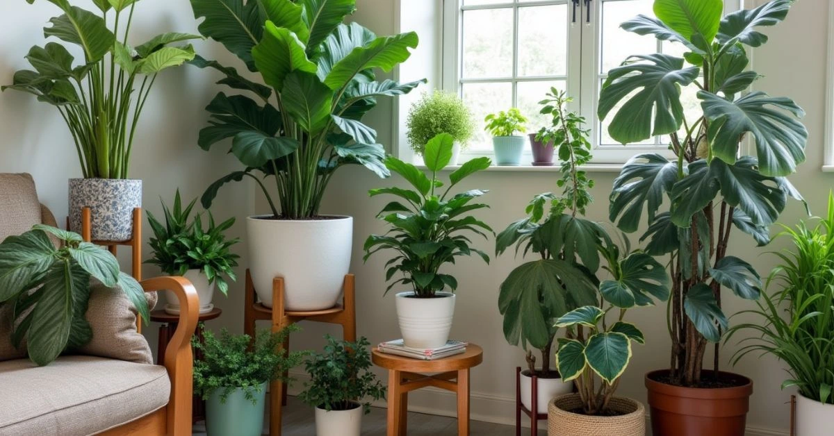 A grouping of indoor large plants in different pots for a layered look