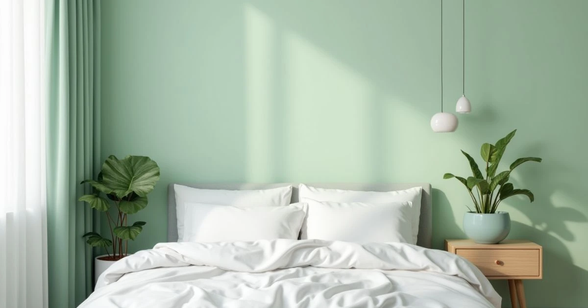 Light green matte-painted walls with minimalist decor and white bedding – a modern green bedroom idea