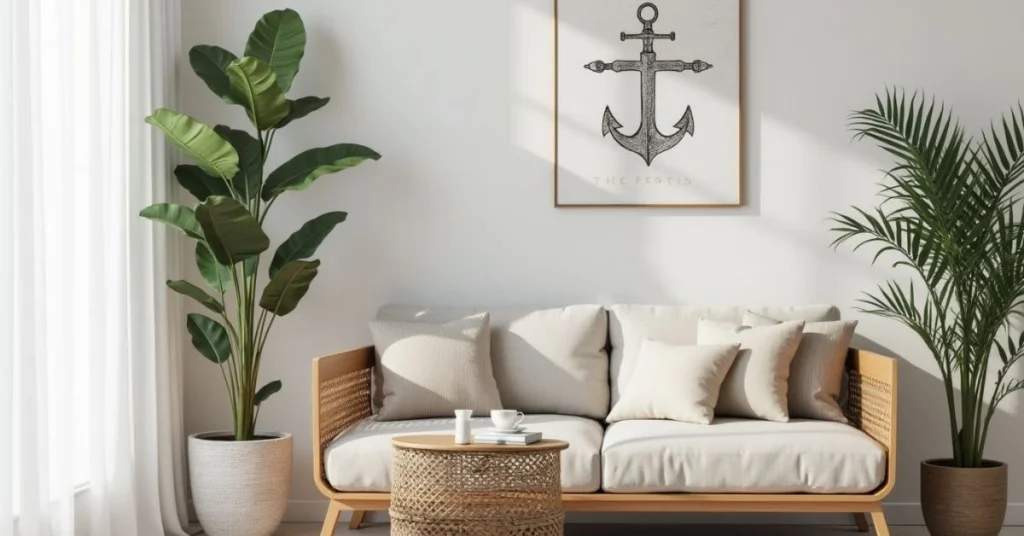 Styled living room corner with layered textures and nautical wall art.