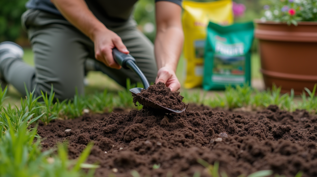 A gardener preparing soil with compost and tools in a flower bed.