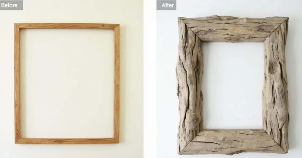 Before-and-after transformation of a plain frame into a driftwood decor piece.