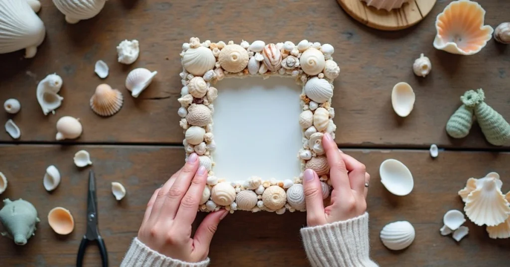  Hands crafting a seashell picture frame on a rustic table.