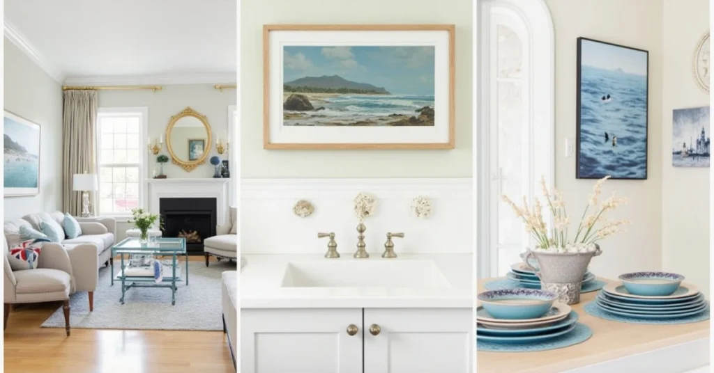 A collage of coastal-styled rooms, including a living room, bathroom, and kitchen.