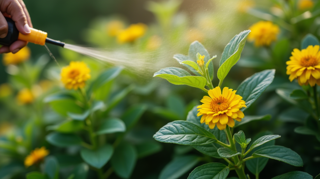 A gardener applying natural pest control spray on plants.