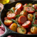 Close-up of a potato and sausage casserole with golden potatoes, juicy sausage slices, and creamy sauce, garnished with fresh herbs