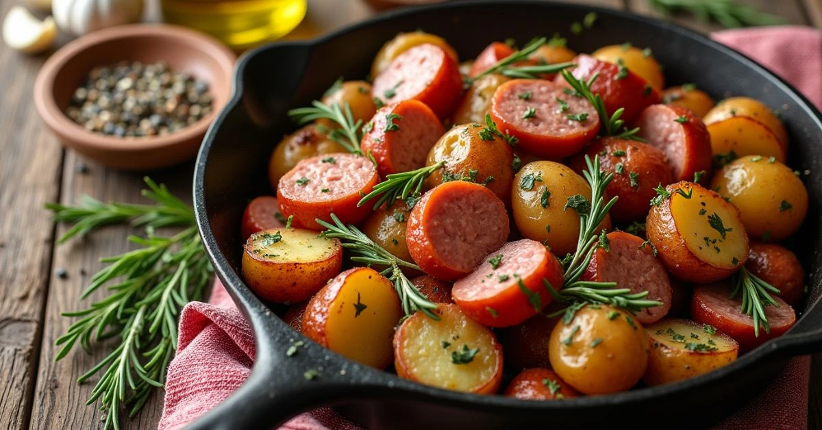 Close-up of a potato and sausage casserole with golden potatoes, juicy sausage slices, and creamy sauce, garnished with fresh herbs