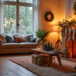 A cozy living room decorated for Christmas with a beautifully lit tree, stockings on the mantel, garlands, and wrapped presents under the tree.