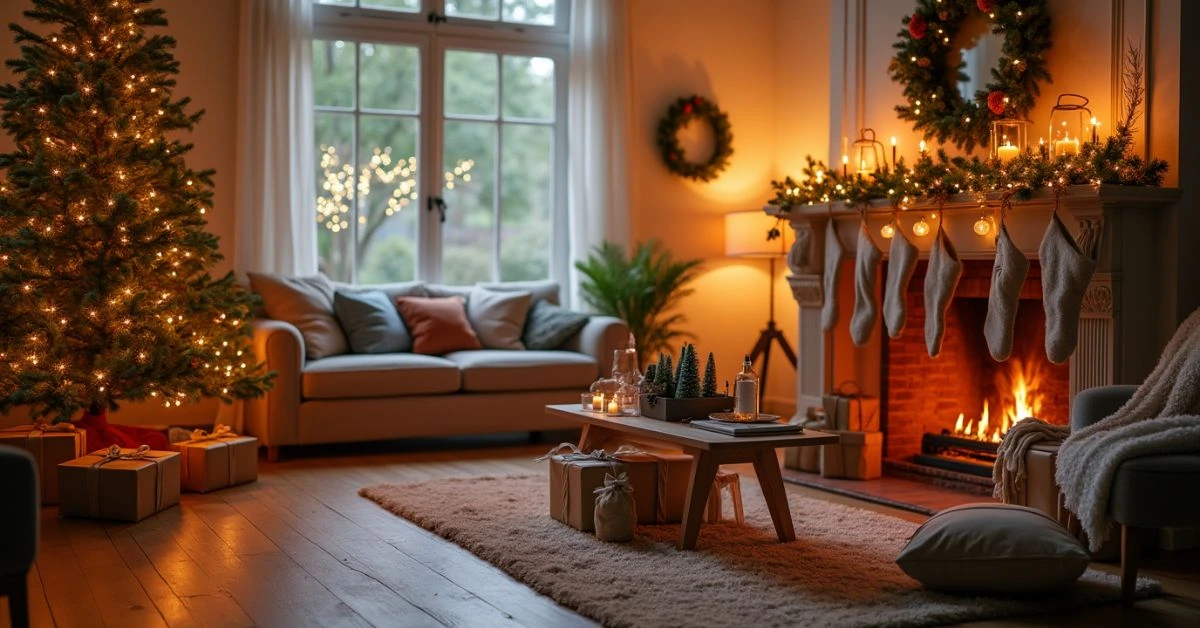 A cozy living room decorated for Christmas with a beautifully lit tree, stockings on the mantel, garlands, and wrapped presents under the tree.