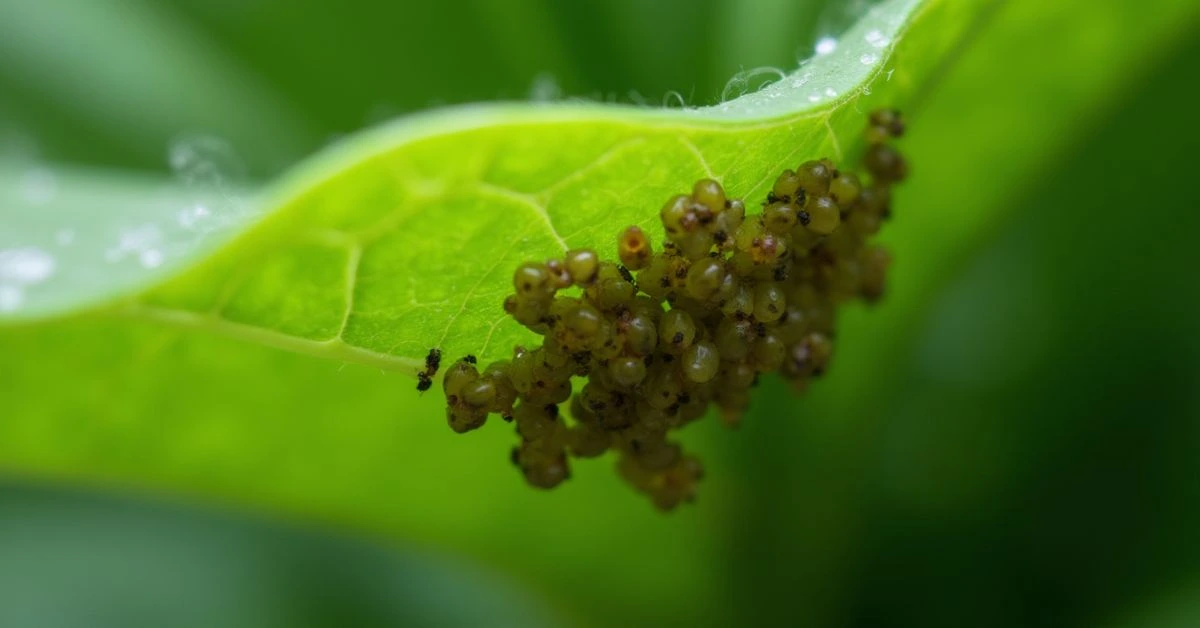 Macro shot of aphids clustered on the underside of a green houseplant leaf