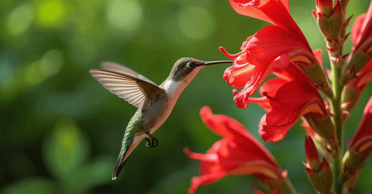 Hummingbird feeding on vibrant red Cardinal Flower in a lush garden"