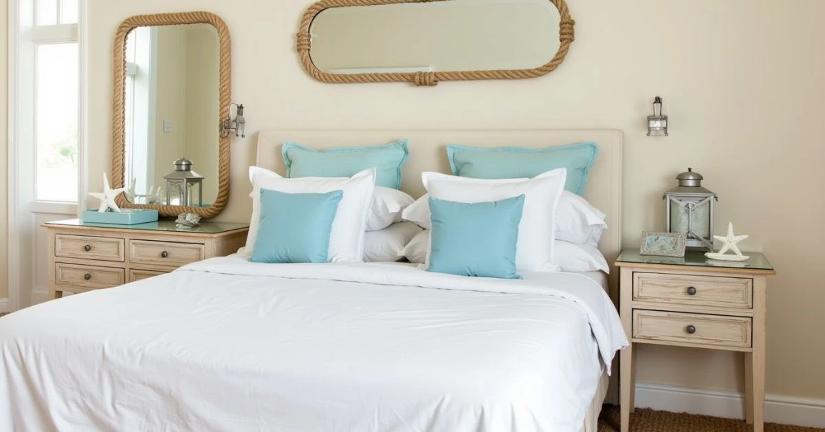 Beach-themed bedroom with white bedding, nautical accents, and a rope mirror.