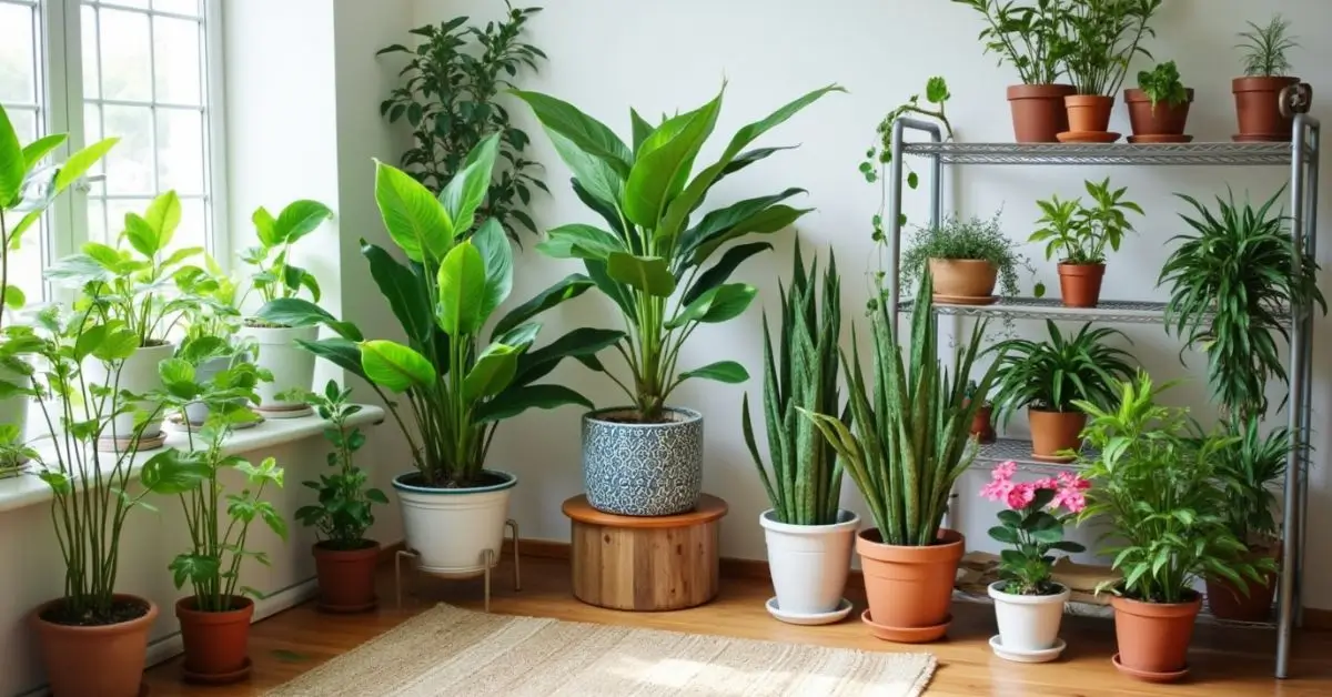 A variety of houseplants, including Snake Plant, Pothos, and Peace Lily, arranged in a bright indoor space.