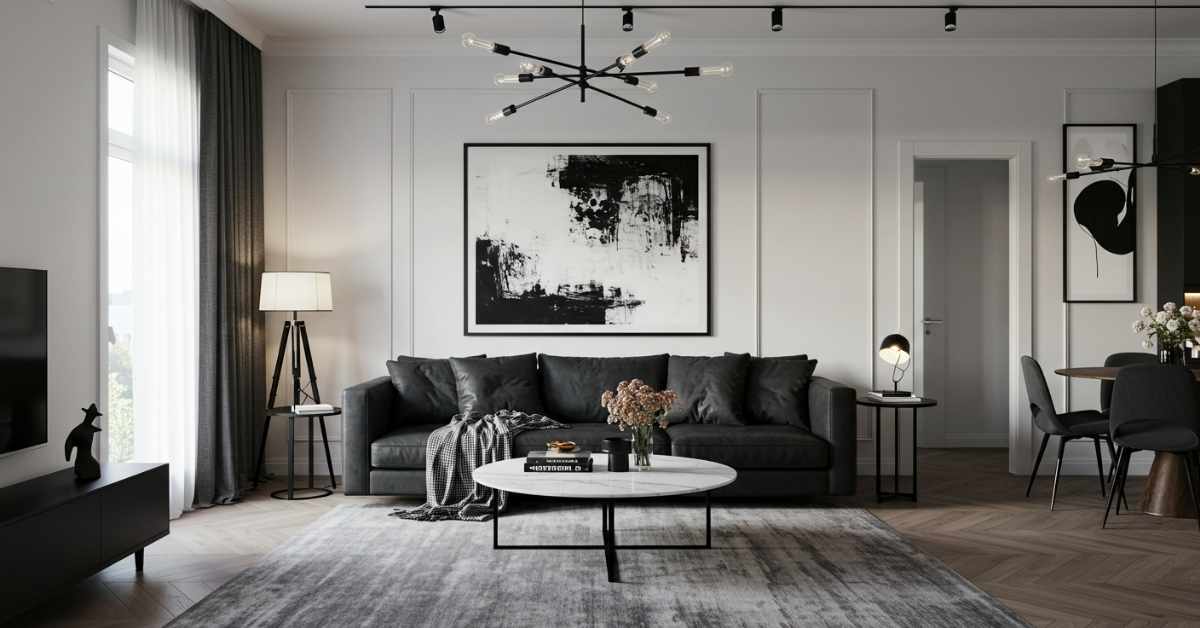 Modern black and white home decor living room with sleek furniture