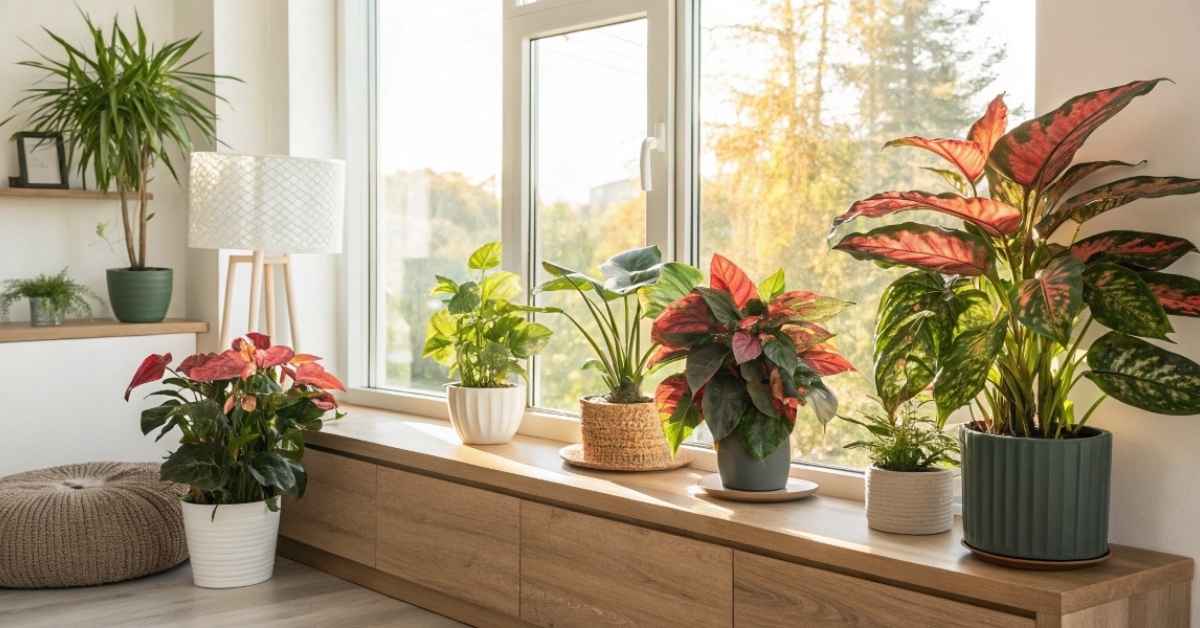 A collection of vibrant colorful houseplants in a sunny room