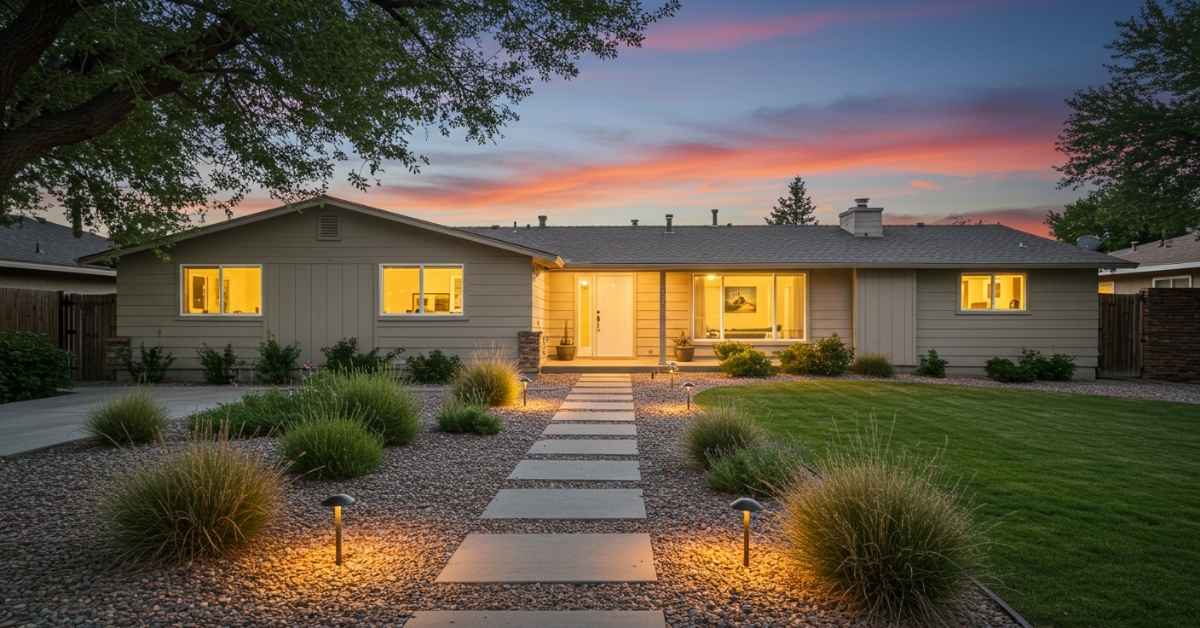 Front yard with ranch style house landscaping featuring native plants and pathways