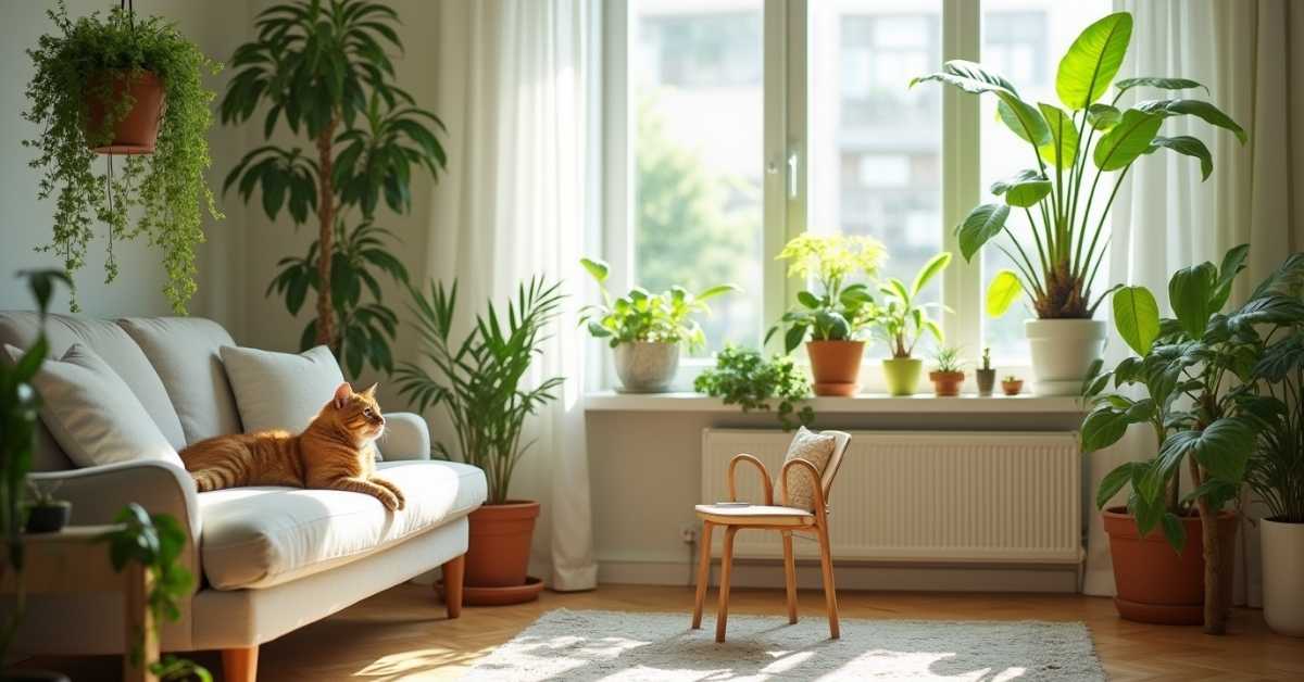 Cat-friendly living room with a variety of houseplant cat safe plants, including a spider plant, Boston fern, and Areca palm, with a playful cat nearby.