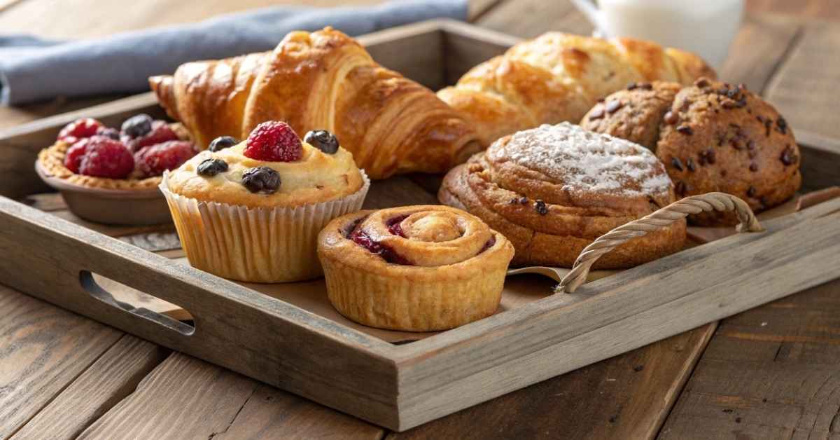 A variety of breakfast pastry recipes arranged on a wooden tray