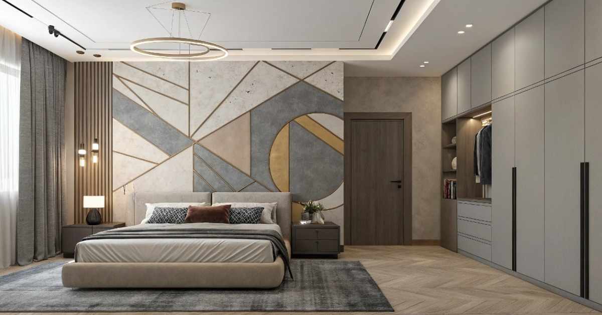 Modern bedroom featuring a hand-painted mural with abstract designs