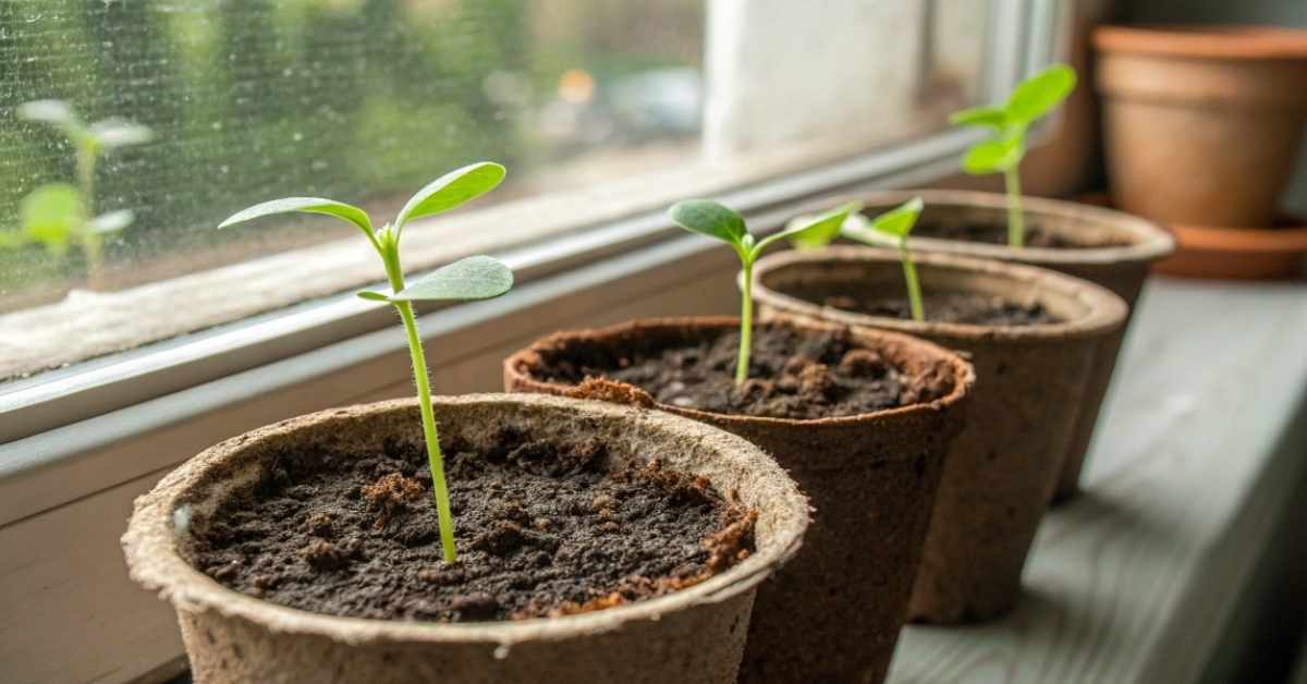 Indoor houseplant seeds in small pots with healthy seedlings