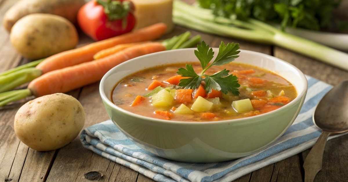 Bowl of vegetable soup without tomatoes with fresh herbs