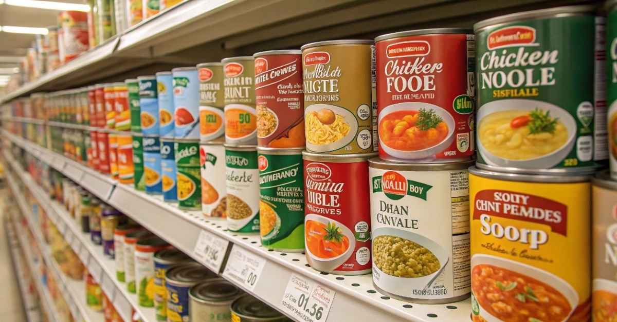 Variety of can soups on a shelf in a store.