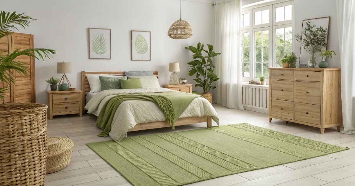 Decorating bedroom with avocado green rug to create a tranquil space.