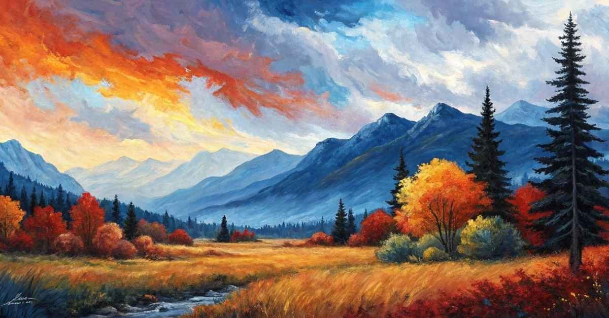 Abstract landscape painting with vibrant colors and bold brushstrokes