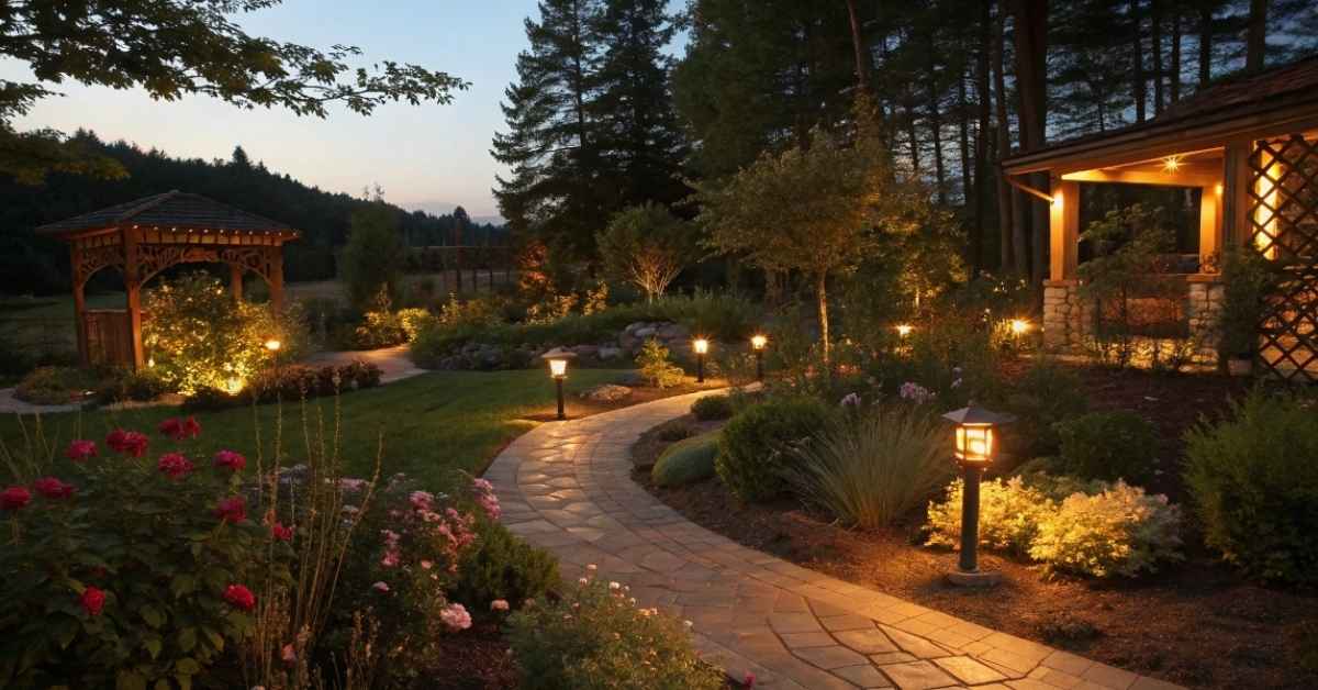 beautiful garden lit by low voltage landscape torch lights at night