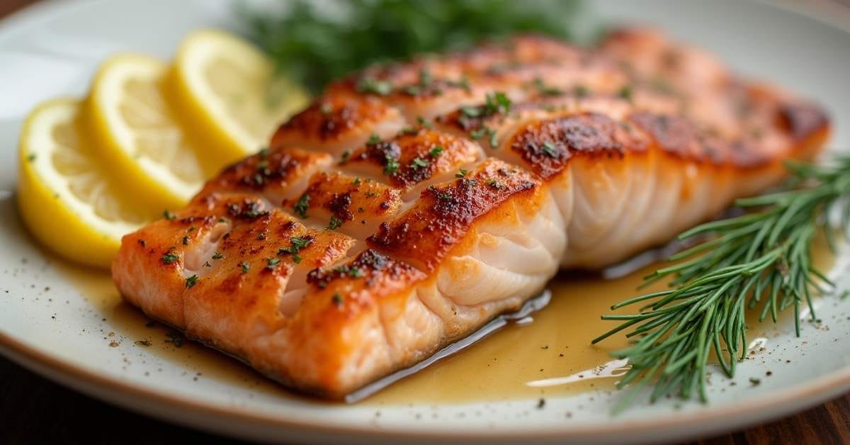 Grilled salmon served with lemon slices