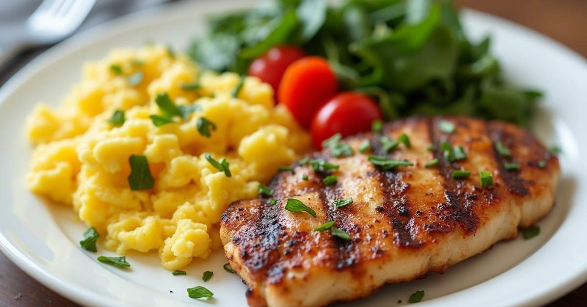 Grilled chicken with scrambled eggs and vegetables on a breakfast plate