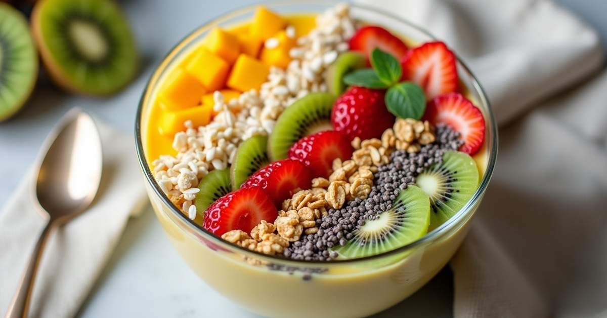 Colorful smoothie bowl topped with fresh fruits, granola, and chia seeds