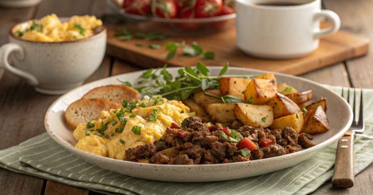 A hearty plate of ground beef breakfast recipes with eggs