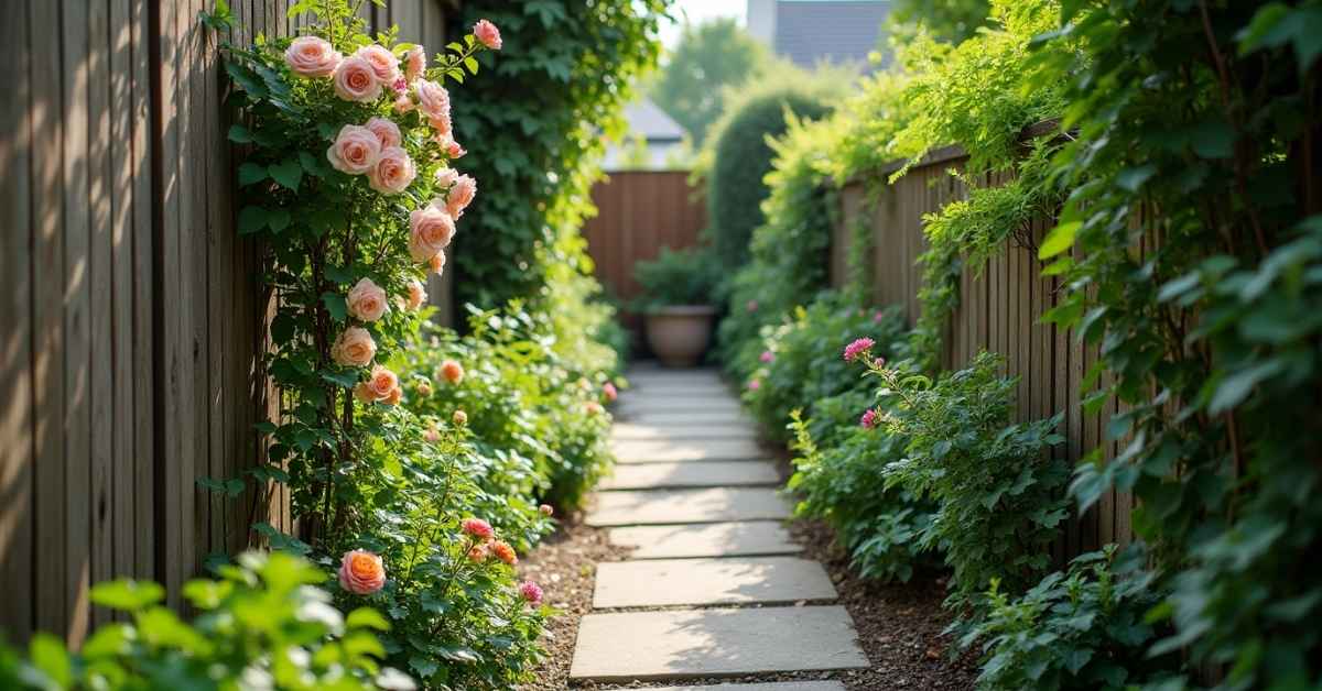 Beautiful house side landscaping with climbing plants along a narrow path