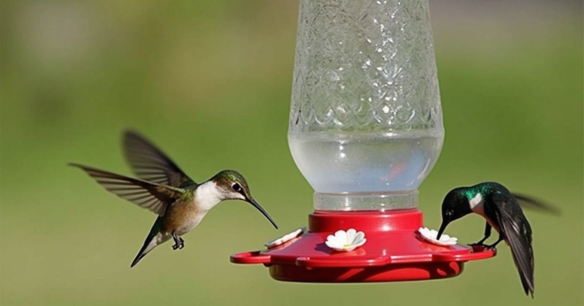 Hummingbird feeder placed away from flowering plants.