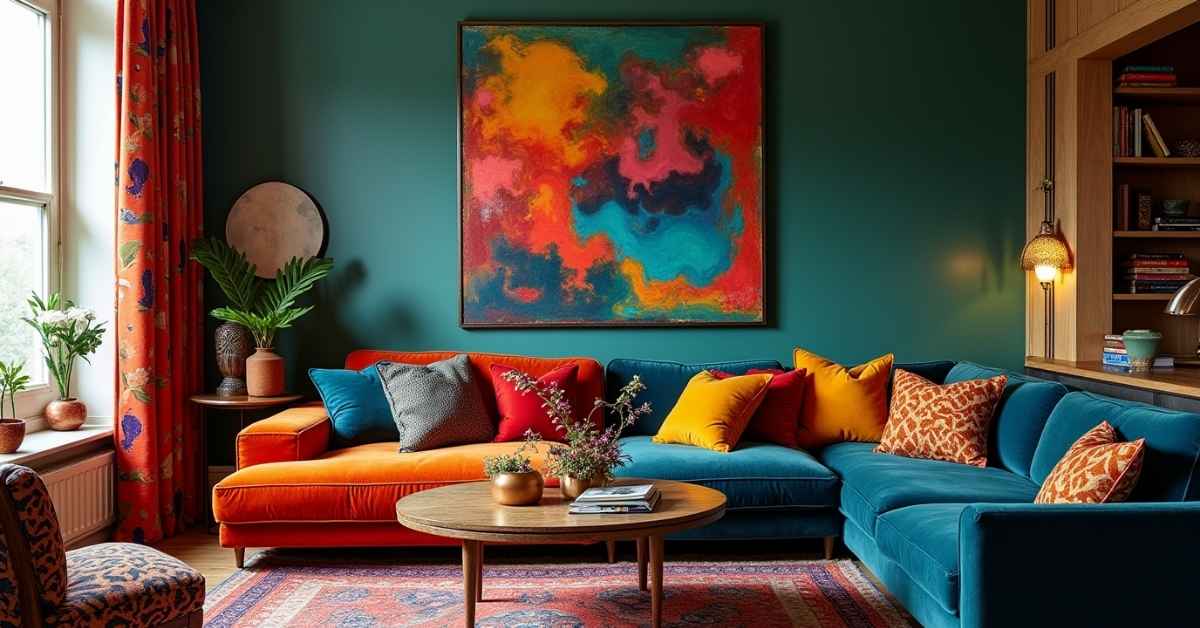 Bold living room with jewel-toned furniture and layered patterns.