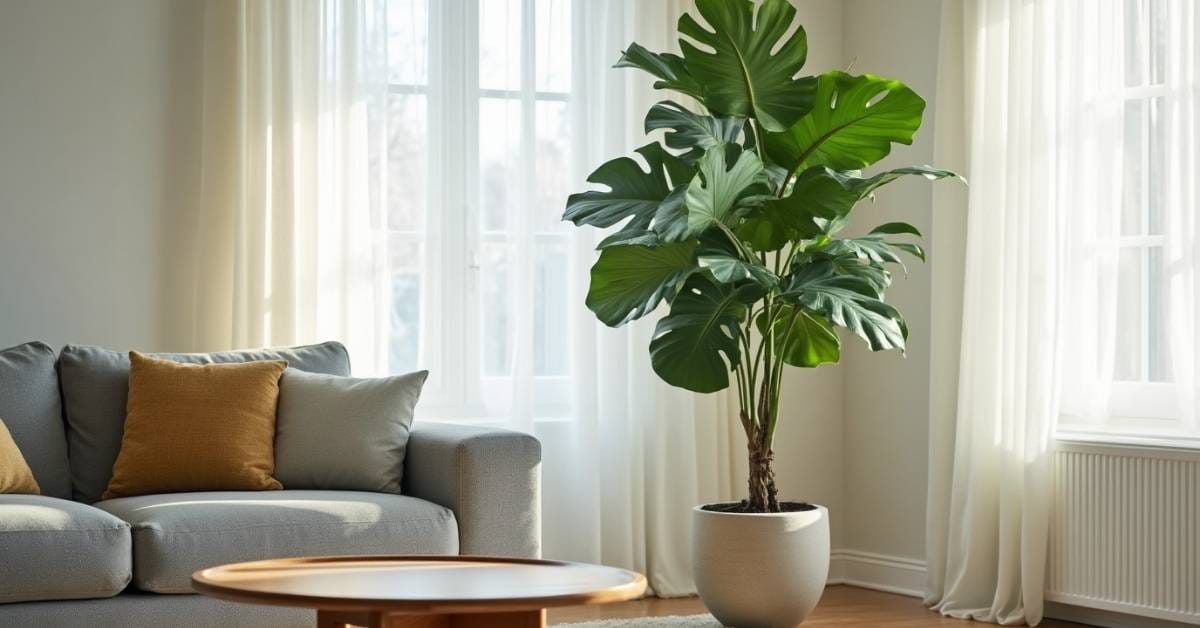 Fiddle leaf fig in a modern living room near a bright window.