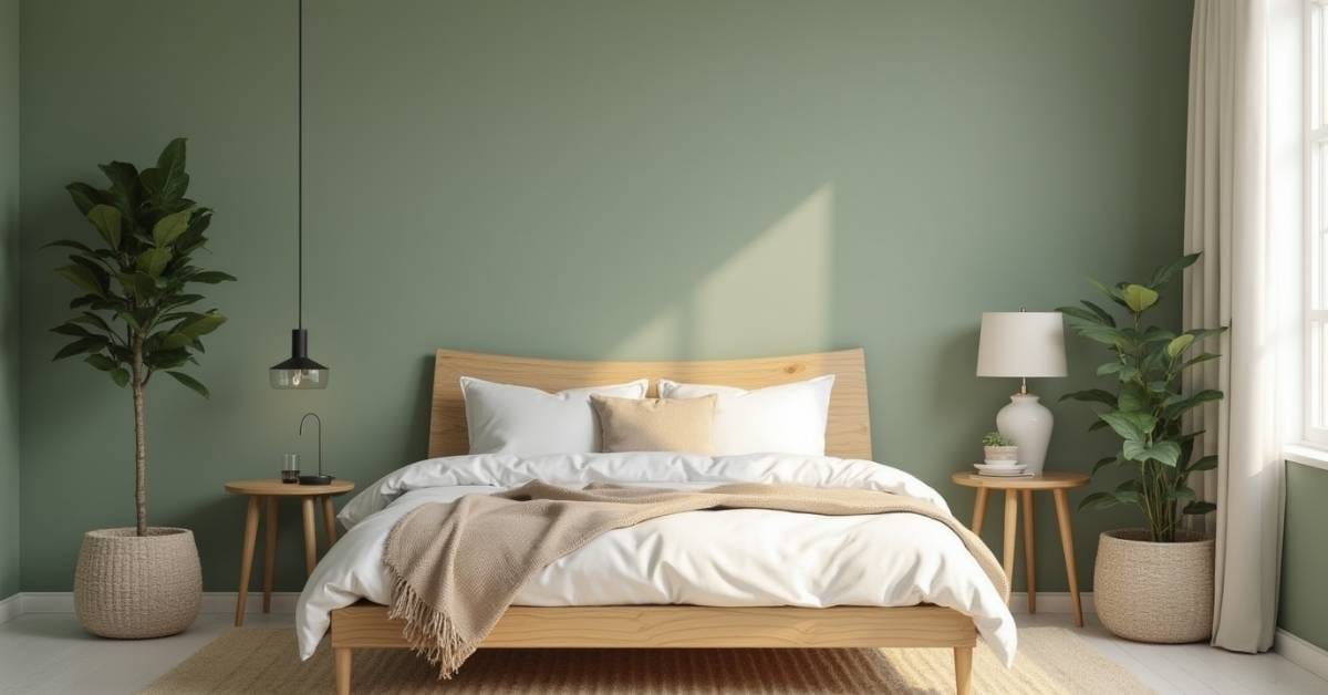 A serene bedroom with sage green walls, white bedding, and wooden furniture.