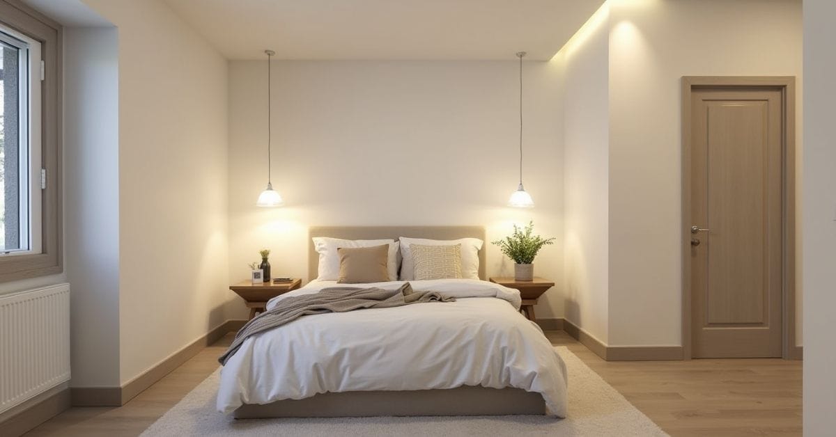 Modern basement bedroom with soft lighting and light-colored decor.