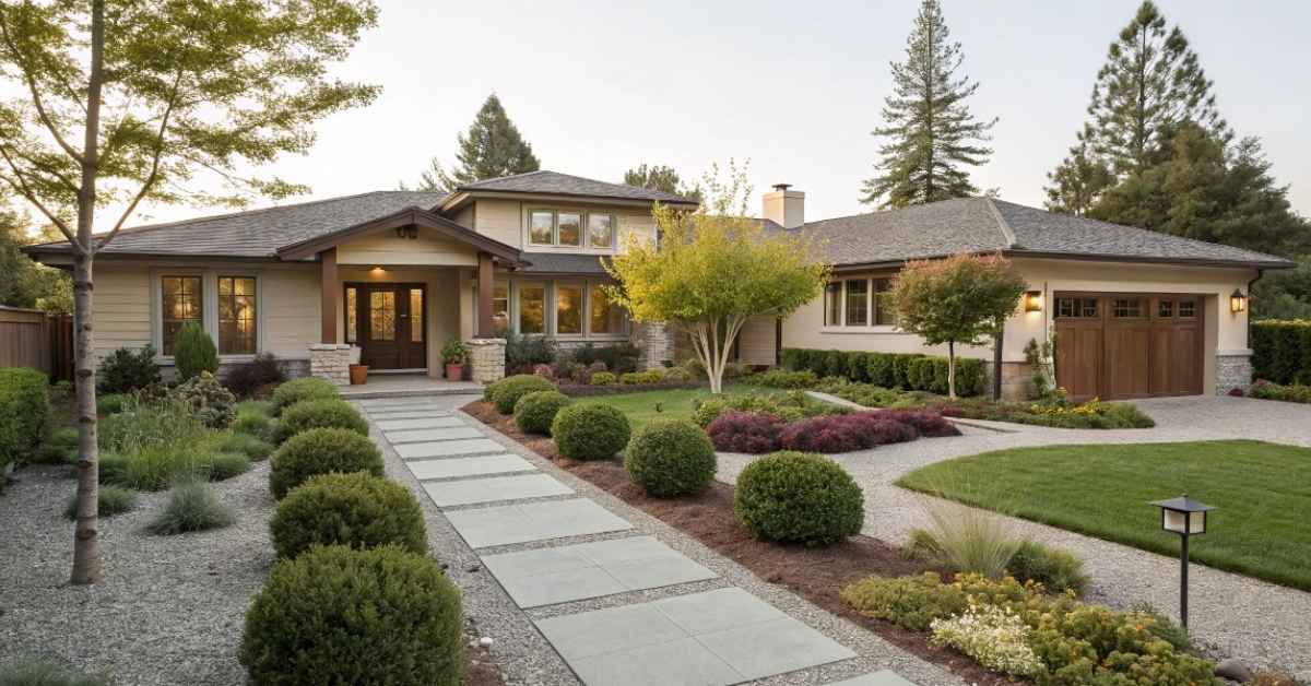 Modern ranch style house with lush front yard landscaping