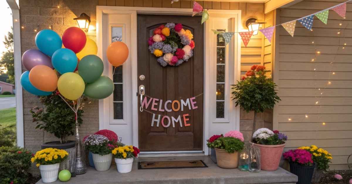 Welcome home decorations for a festive front door with balloons and flowers.